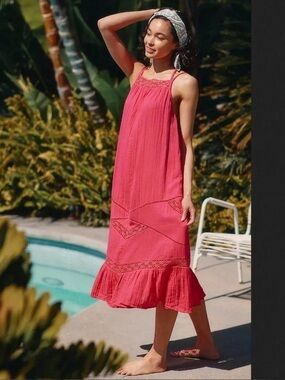 Anthropologie Crochet Trim Gauze Midi Tiered Sundress Fuchsia Hot Pink Size XS